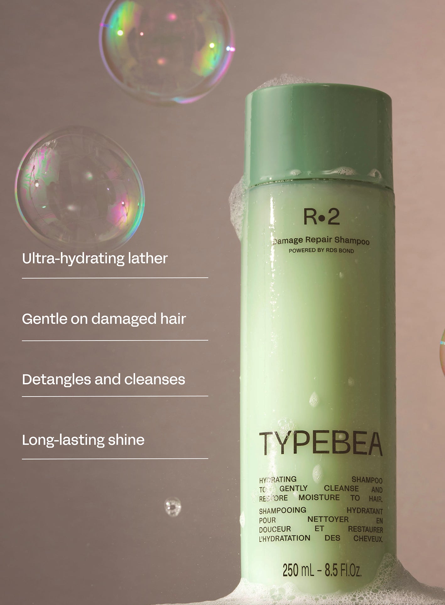 TYPEBEA shampoo bottle with product features listed on a gray background
